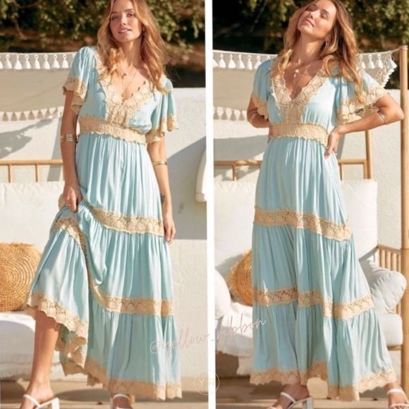 🆕 Turquoise Short Sleeve Lace Maxi Dress - Picture 4 of 5